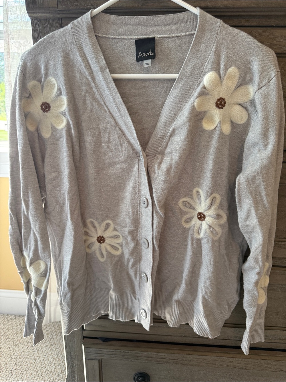 Aaeda Light Gray Daisy Embroidered Button Cardigan